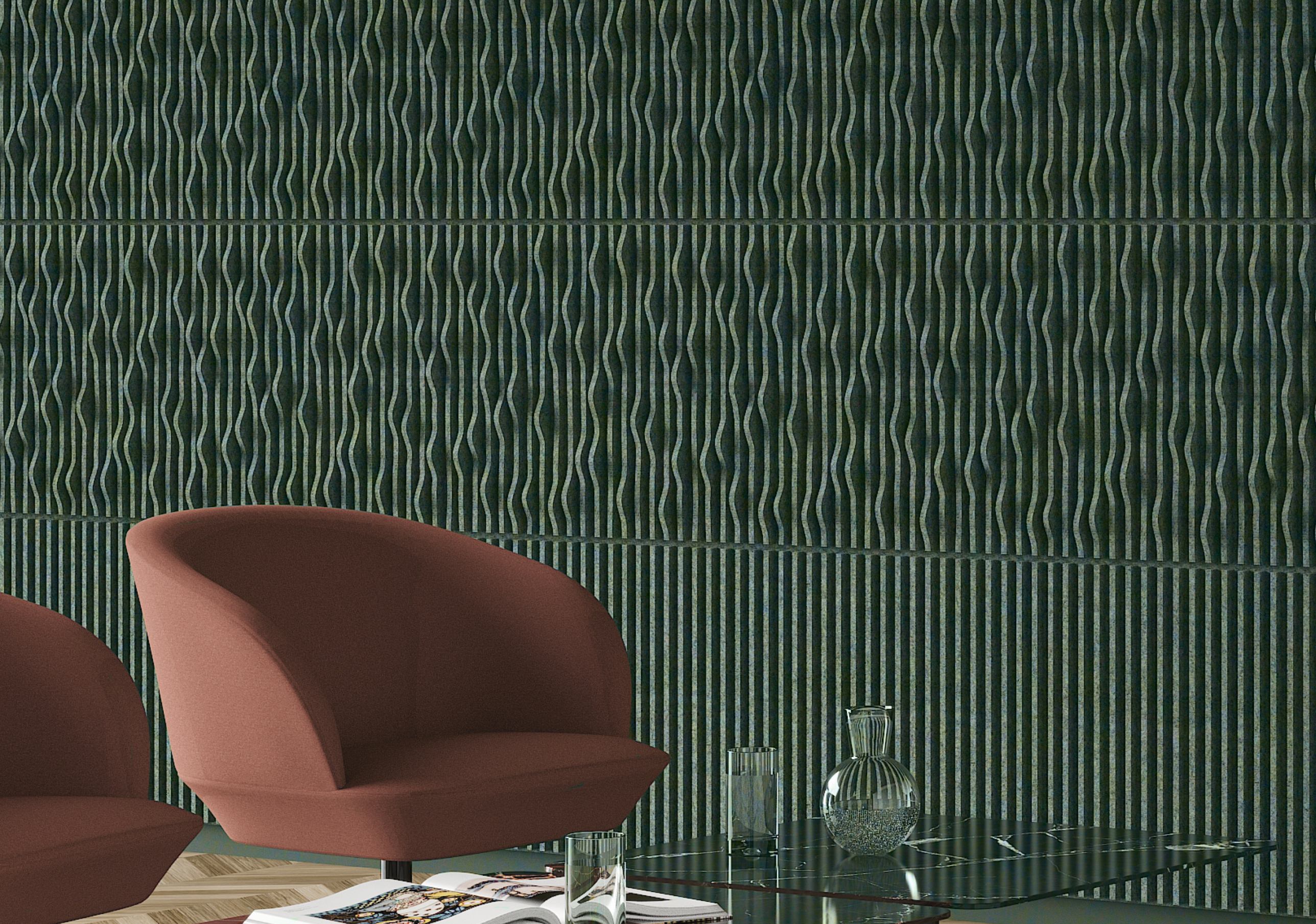 Teal Bark acoustic wall tiles with sculptural texture.