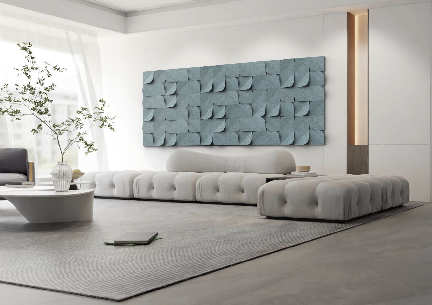 Soundart brochure layered over abstract acoustic wall art.