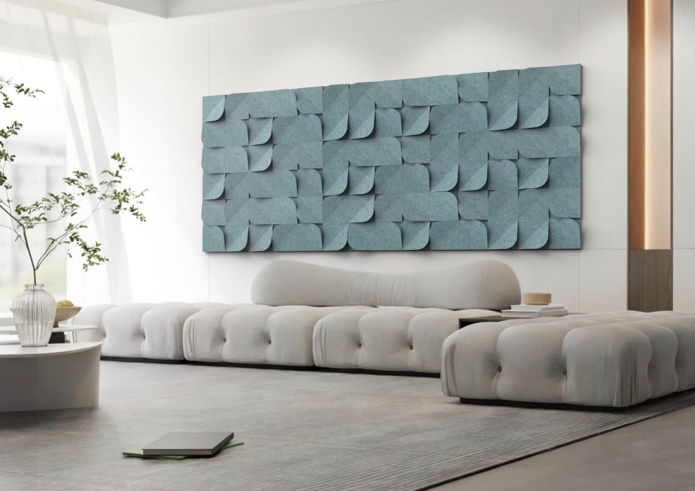 Soundart brochure layered over abstract acoustic wall art.