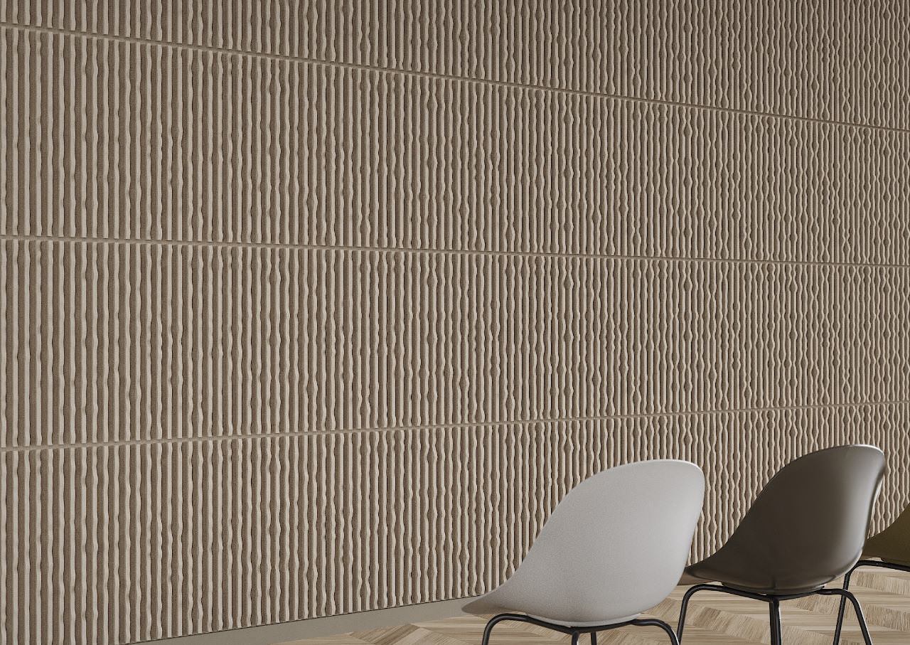 Teal Bark acoustic wall tiles with sculptural texture.
