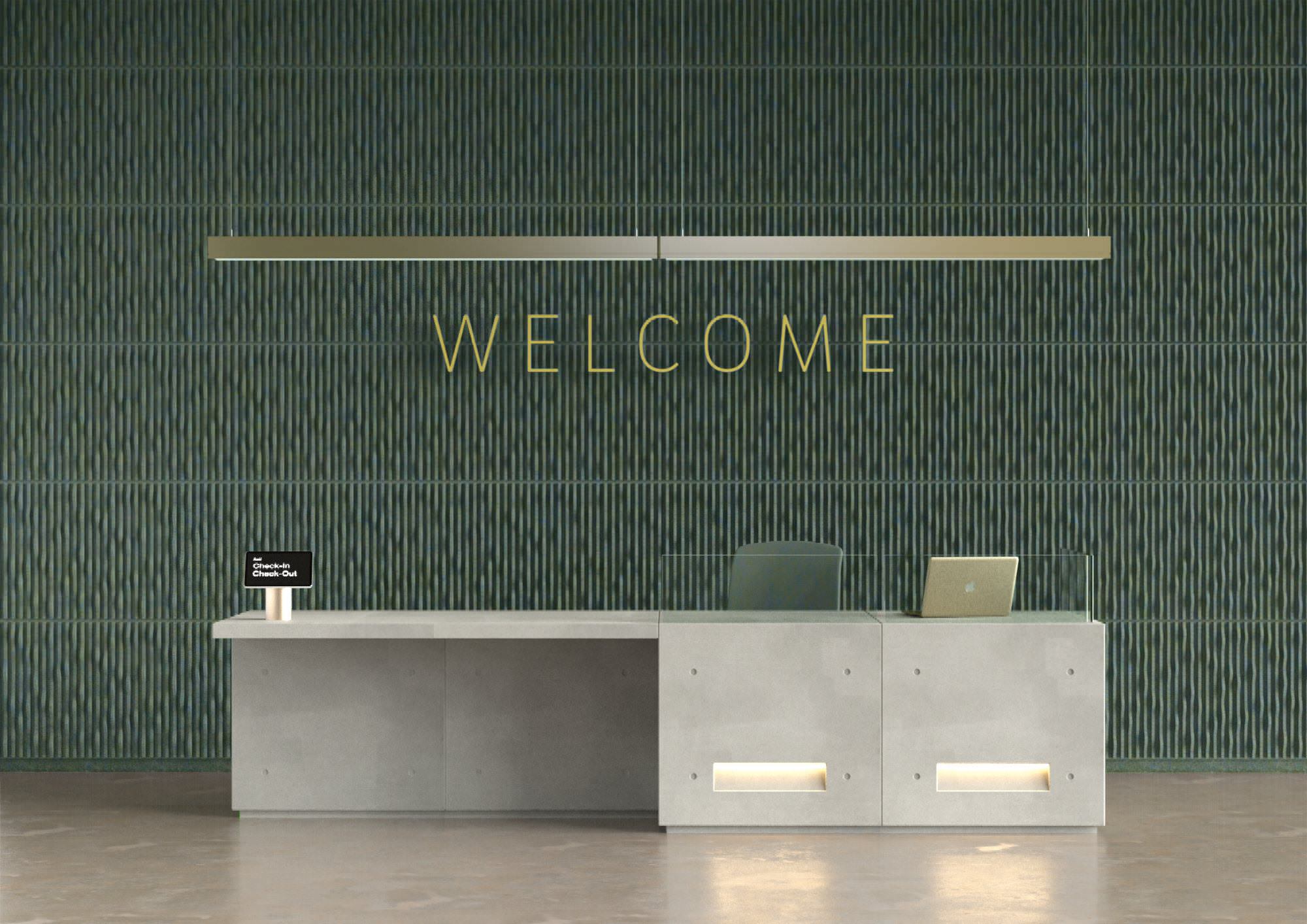 Reception desk framed by teal Bark acoustic panels.