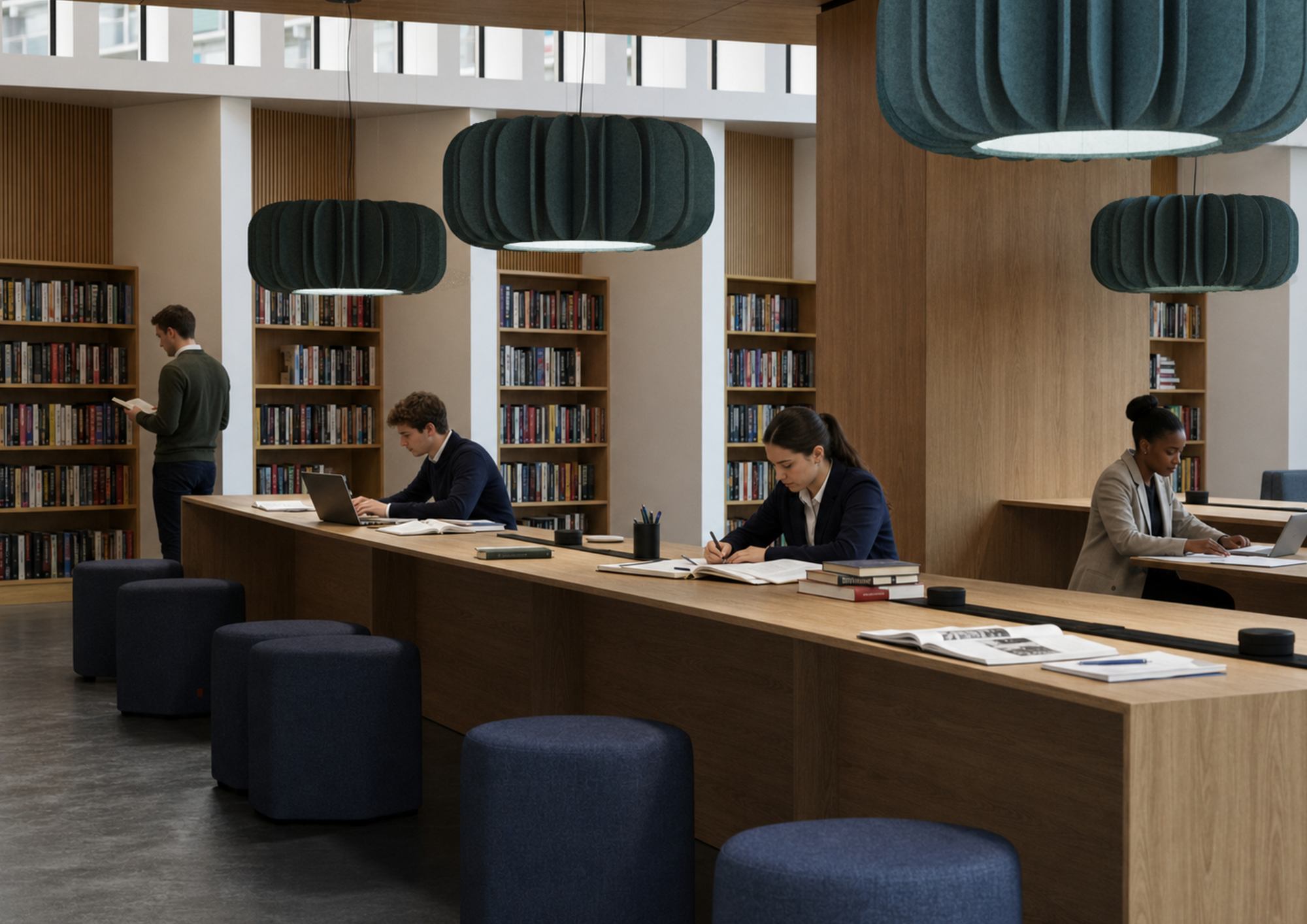 Library space lit by Echobloom acoustic pendants.