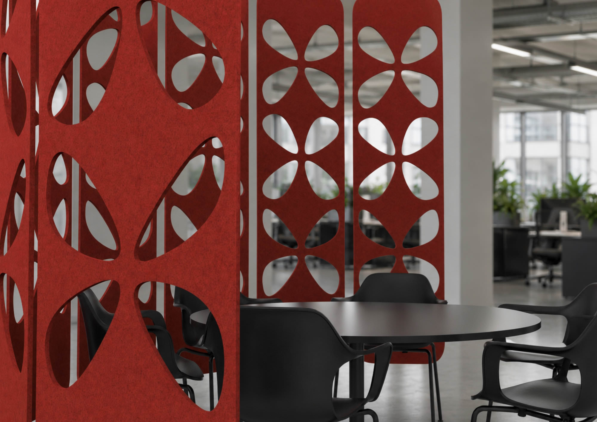 Trellis acoustic screen creating an organic curve beside seating.
