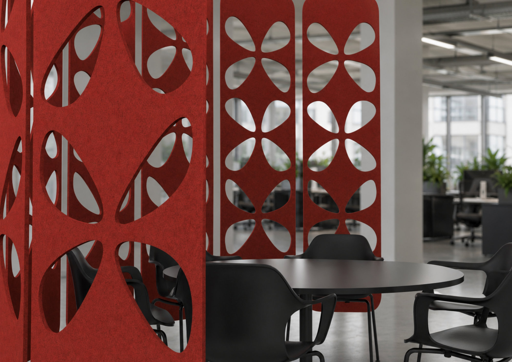 Trellis acoustic screen creating an organic curve beside seating.